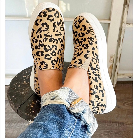 Light Tan Leopard Print Canvas Slip On Sneakers - Picture 3 of 8